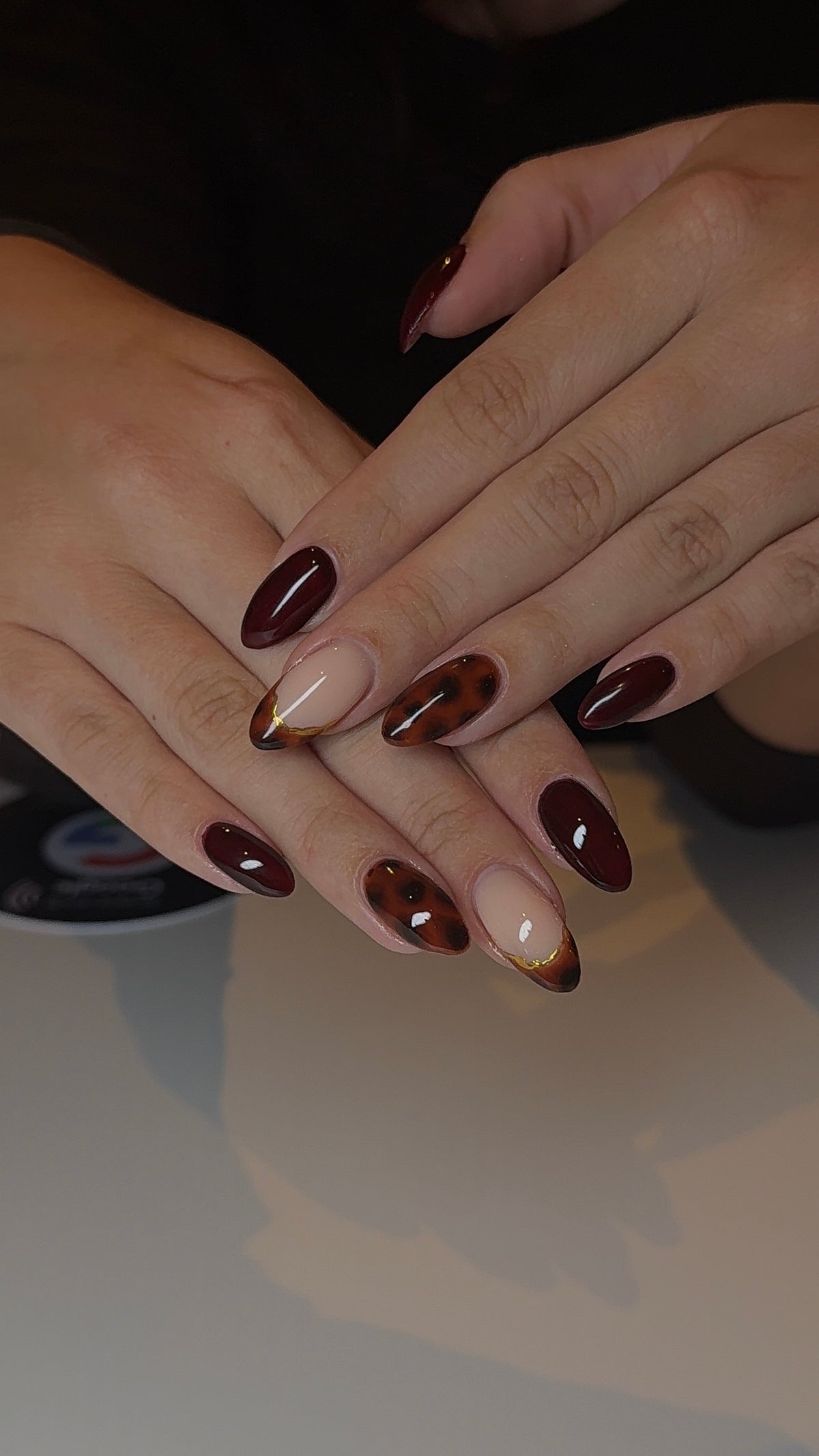 Close-up of hands with almond-shaped nails styled in a mix of deep burgundy, glossy brown, and nude beige with leopard print details. salon apeldoorn turtoise nagels